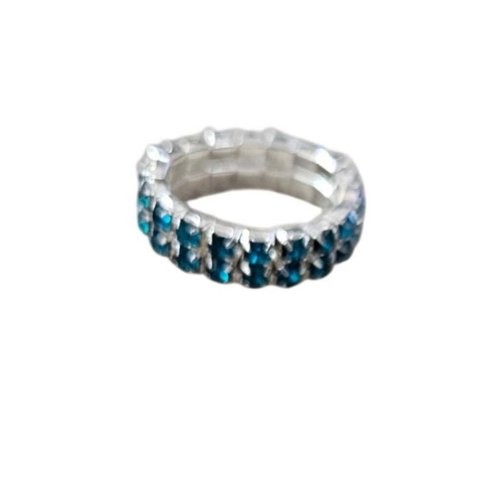 Blue Rhinestone Double Row Silver Tone Stretch Ring Statement Jewelry